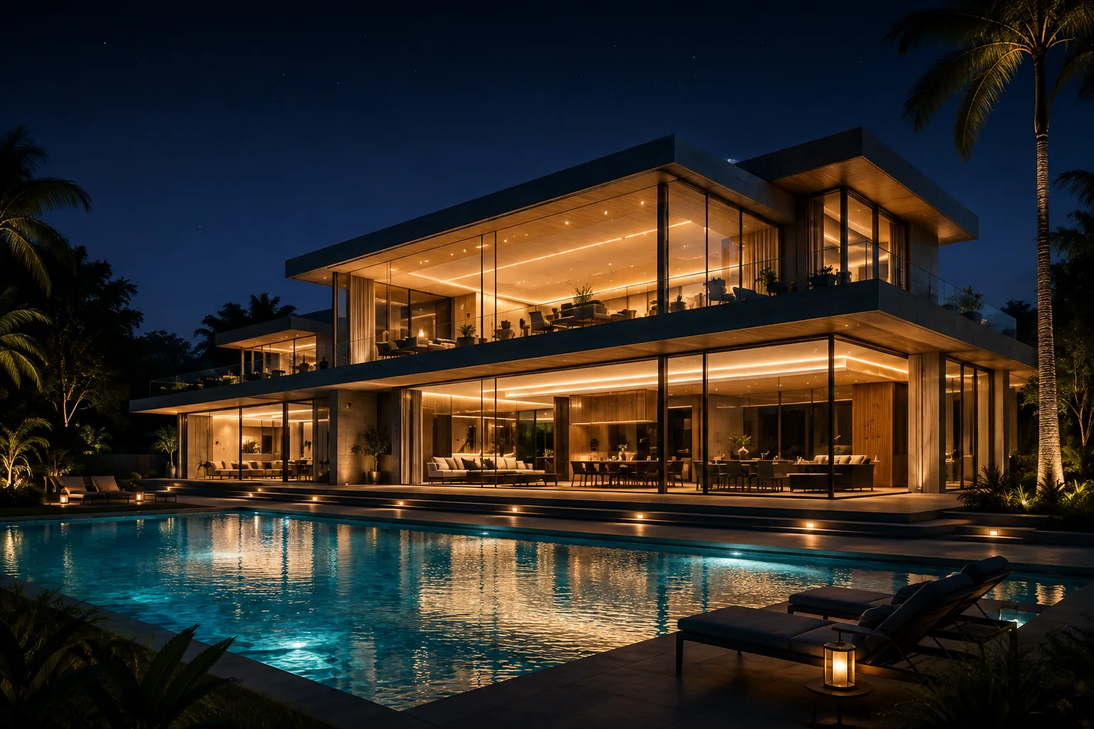 Mansão contemporânea de alto padrão iluminada ao anoitecer com piscina